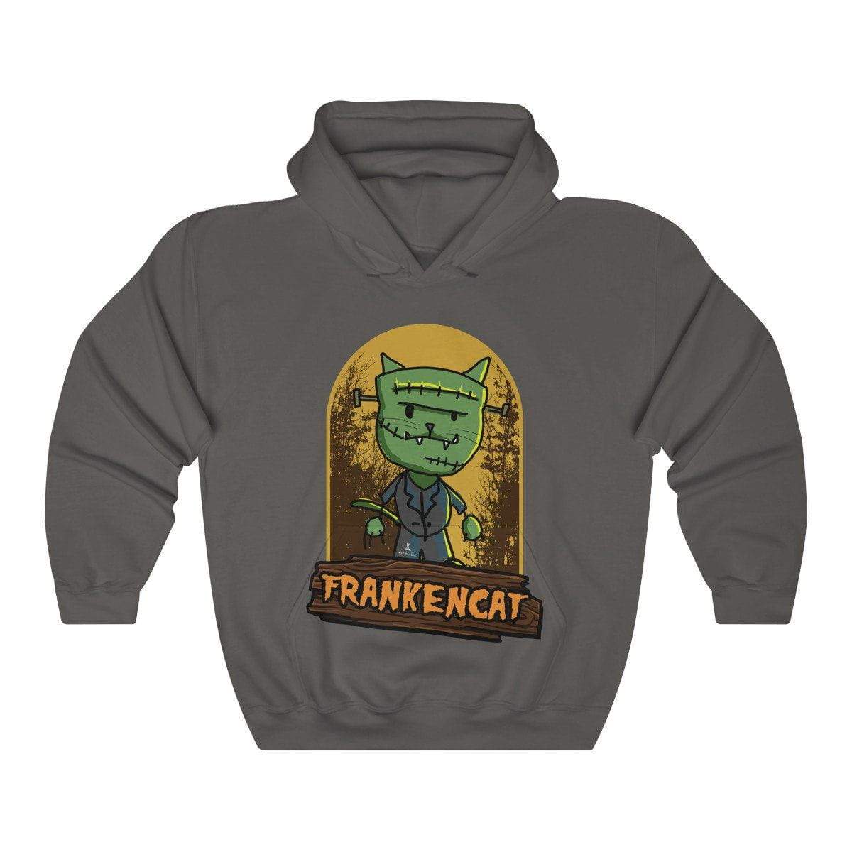 Close-up of Male Frankencat Hoodie fabric details and sewn-in label