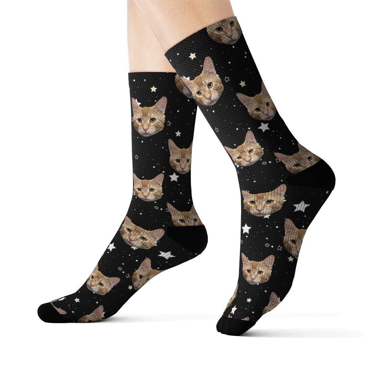 Cozy custom cat socks with vibrant galaxy print