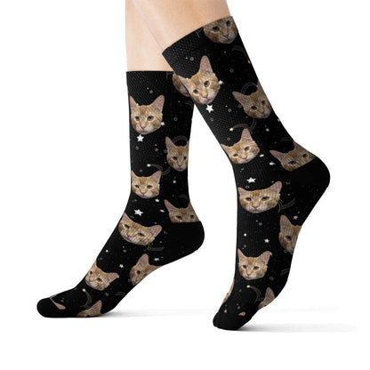 Custom cat socks featuring your pet in a galaxy design