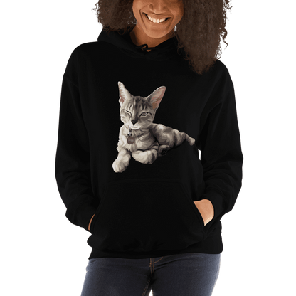 Woman in hoodie with cat print.