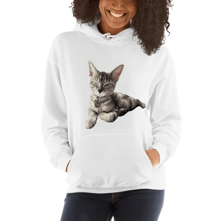 Woman in hoodie with cat print.